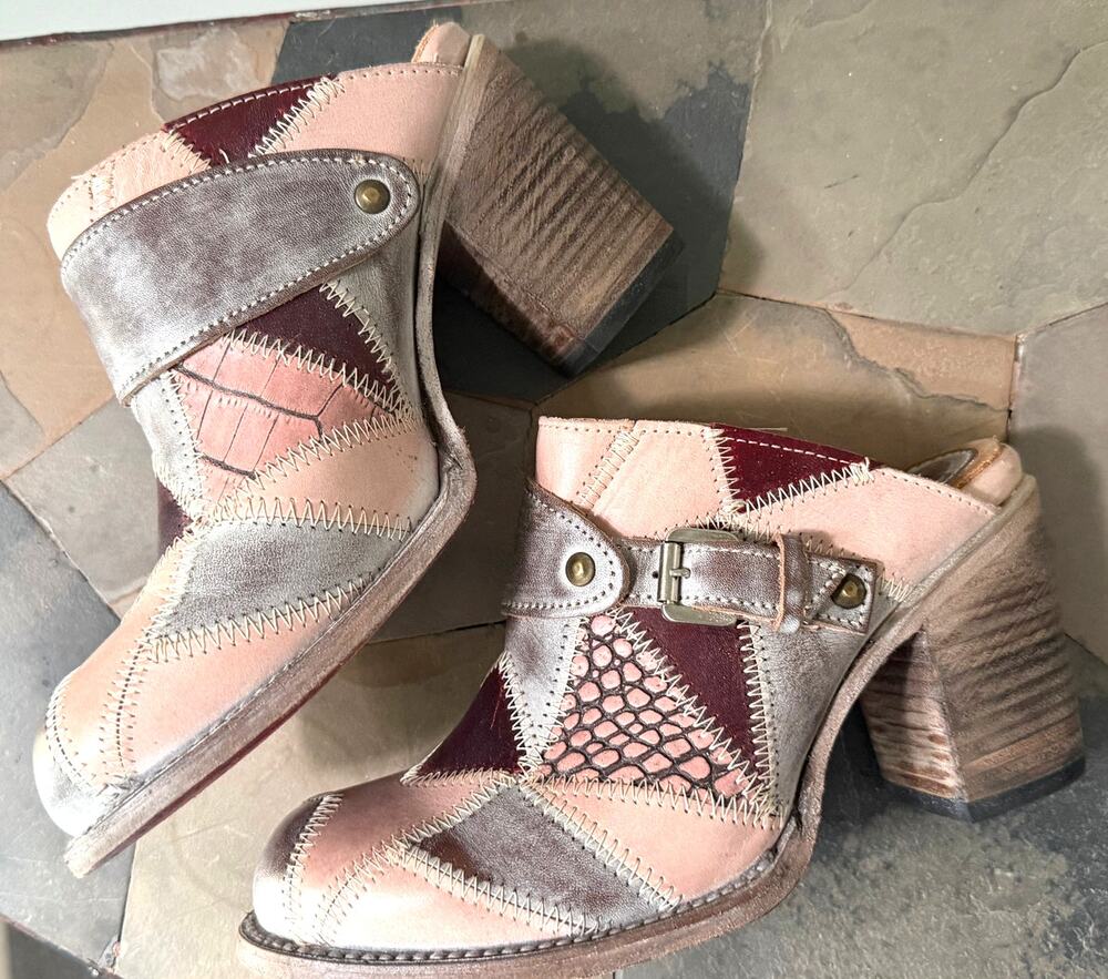 Freebird Beetle Mules 3" Heels Pink Gray Leather Patchwork Clog Boho Western 8